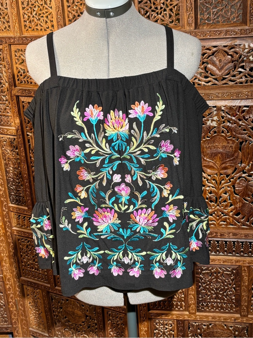 INC International Concepts Black Off-Shoulder Embroidered Floral Top
